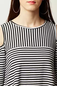 Women's Black And White Round Neck half_sleeve Striped Cold Shoulder Top