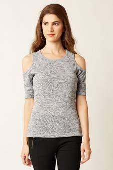 Women's Grey Round Neck half_sleeve Solid Ribbed Cold Shoulder Top