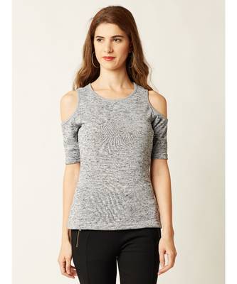 Women's Grey Round Neck half_sleeve Solid Ribbed Cold Shoulder Top 1
