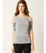Women's Grey Round Neck half_sleeve Solid Ribbed Cold Shoulder Top