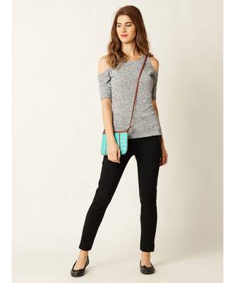 Women's Grey Round Neck half_sleeve Solid Ribbed Cold Shoulder Top 2