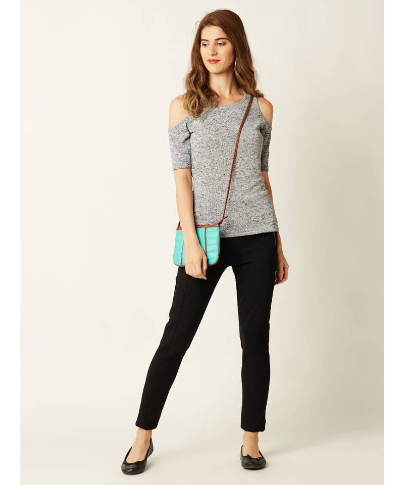 Women's Grey Round Neck half_sleeve Solid Ribbed Cold Shoulder Top