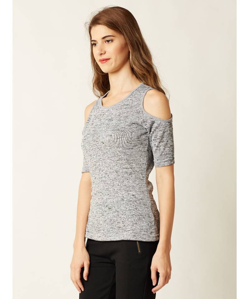 Women's Grey Round Neck half_sleeve Solid Ribbed Cold Shoulder Top