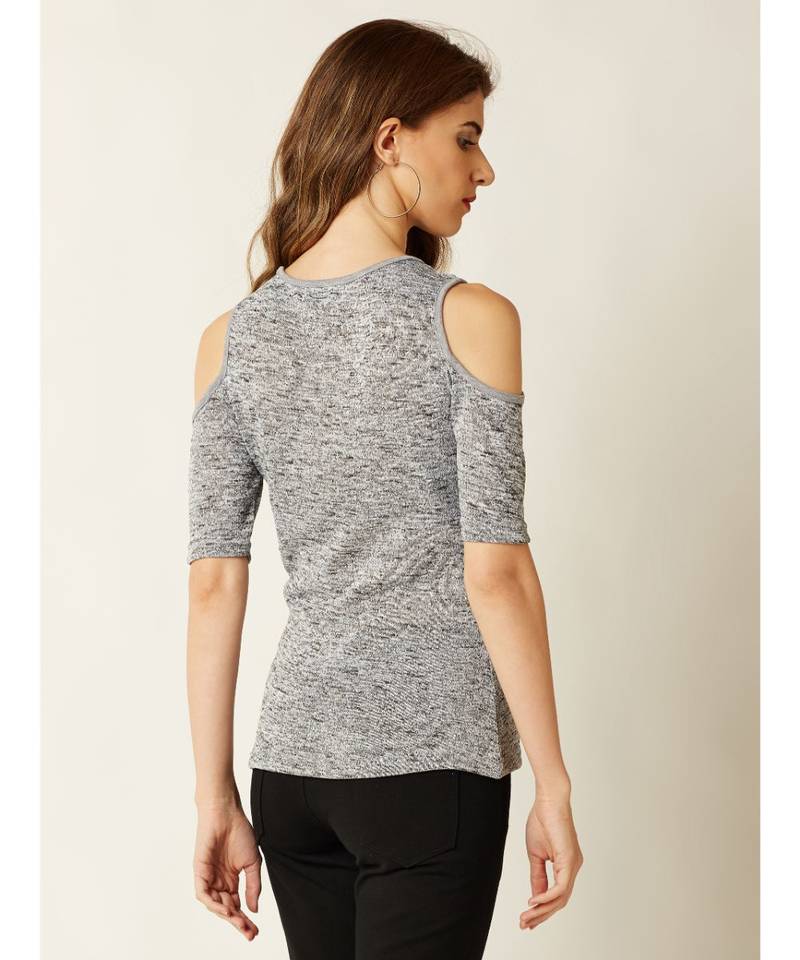 Women's Grey Round Neck half_sleeve Solid Ribbed Cold Shoulder Top