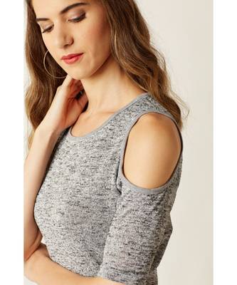Women's Grey Round Neck half_sleeve Solid Ribbed Cold Shoulder Top 5
