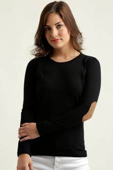 Women's Black Solid Round Neck full_sleeves Elbow Patch Top