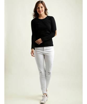 Women's Black Solid Round Neck full_sleeves Elbow Patch Top 2