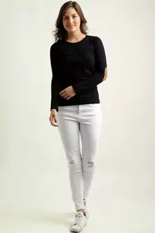Women's Black Solid Round Neck full_sleeves Elbow Patch Top