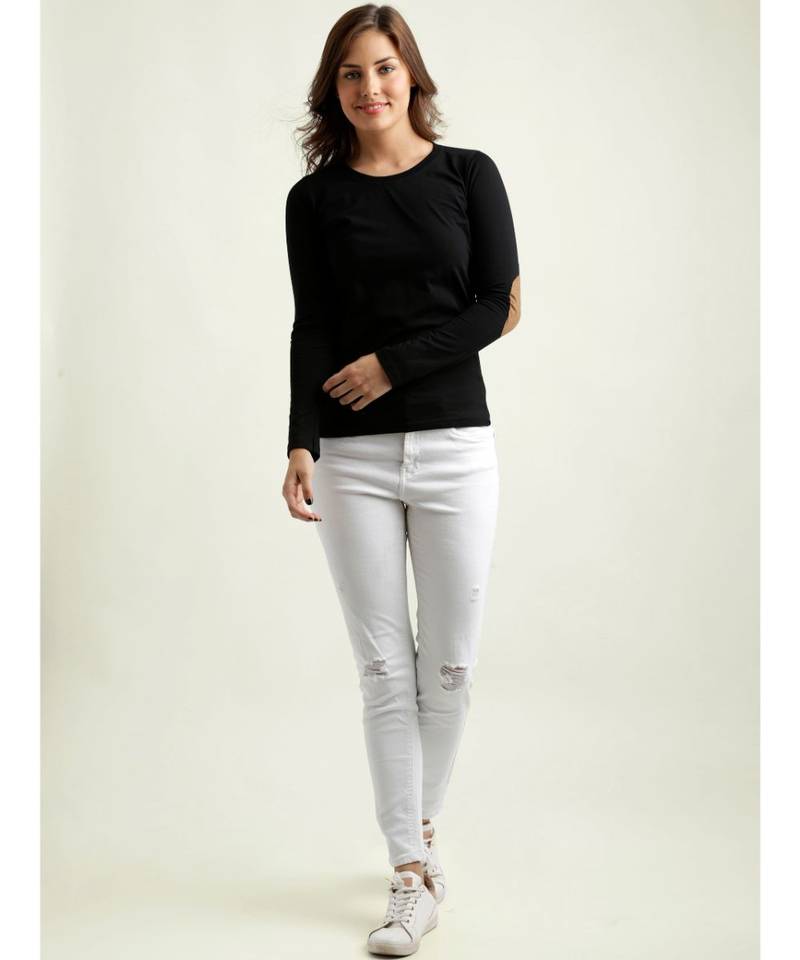 Women's Black Solid Round Neck full_sleeves Elbow Patch Top
