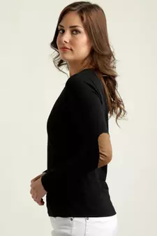 Women's Black Solid Round Neck full_sleeves Elbow Patch Top
