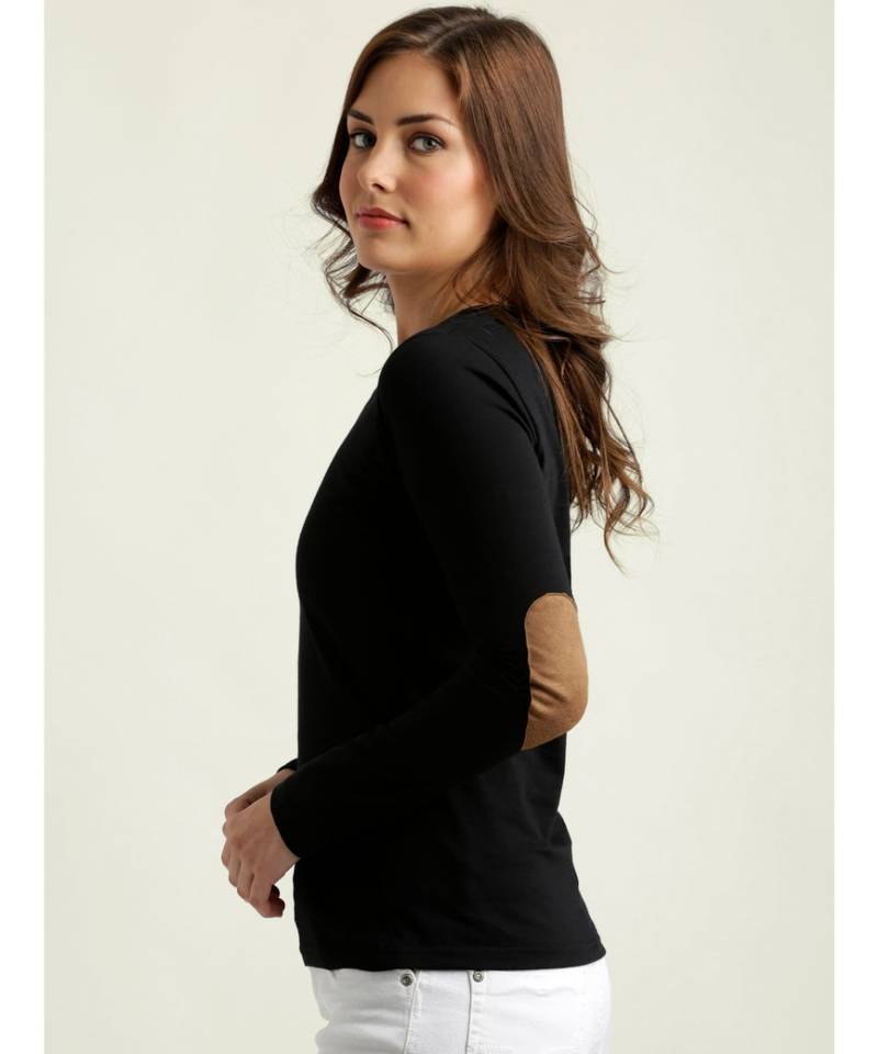 Women's Black Solid Round Neck full_sleeves Elbow Patch Top