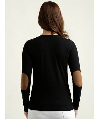 Women's Black Solid Round Neck full_sleeves Elbow Patch Top 4