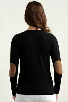 Women's Black Solid Round Neck full_sleeves Elbow Patch Top