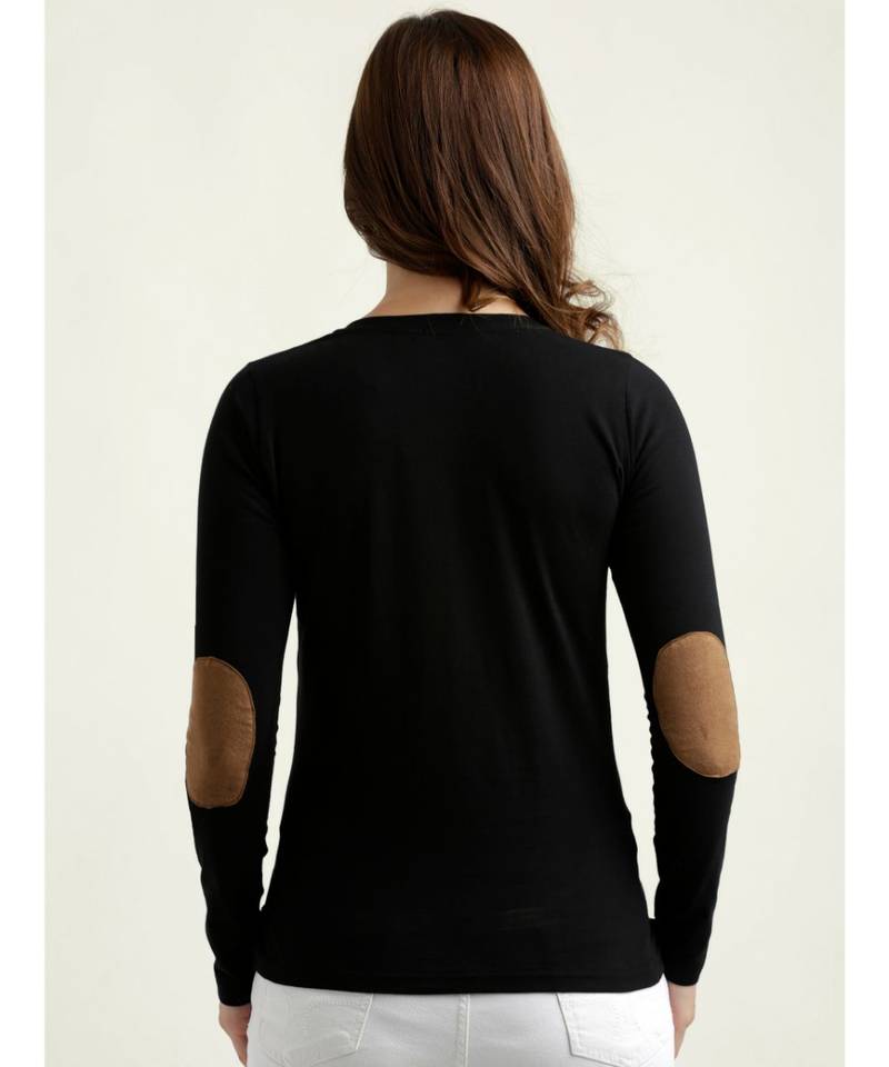 Women's Black Solid Round Neck full_sleeves Elbow Patch Top