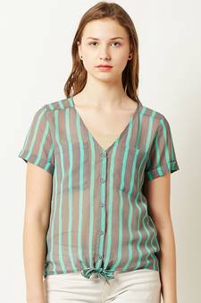 Women's Mint and Grey V Neck short_sleeve Buttoned Striped Tie-Up Top