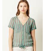 Women's Mint and Grey V Neck short_sleeve Buttoned Striped Tie-Up Top