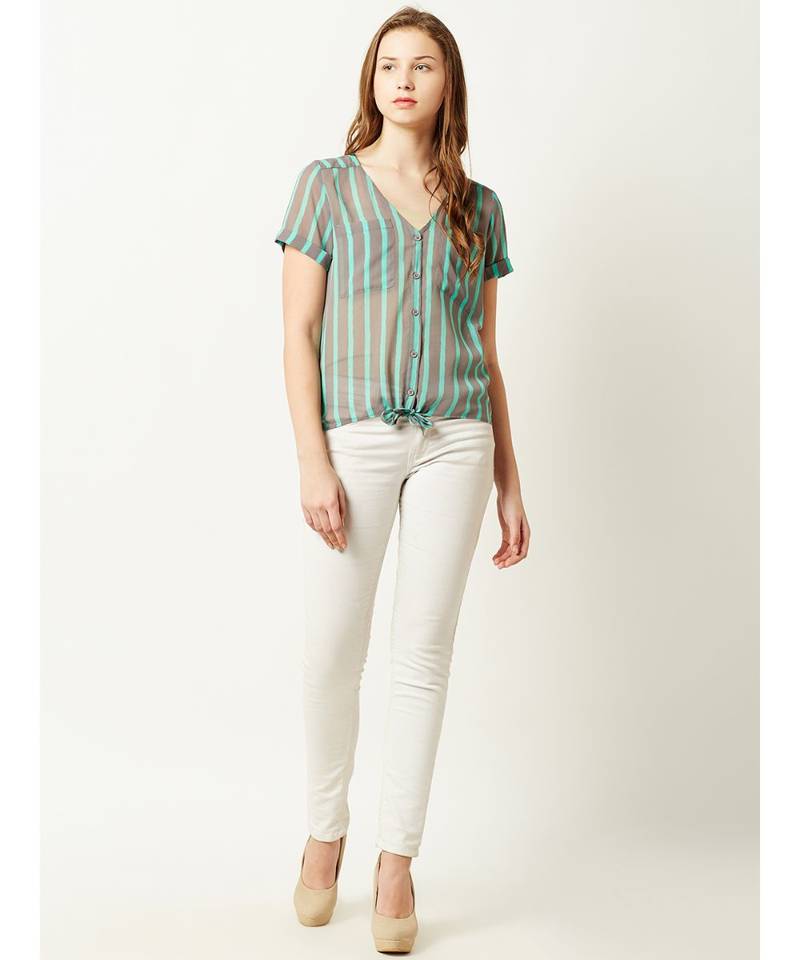 Women's Mint and Grey V Neck short_sleeve Buttoned Striped Tie-Up Top