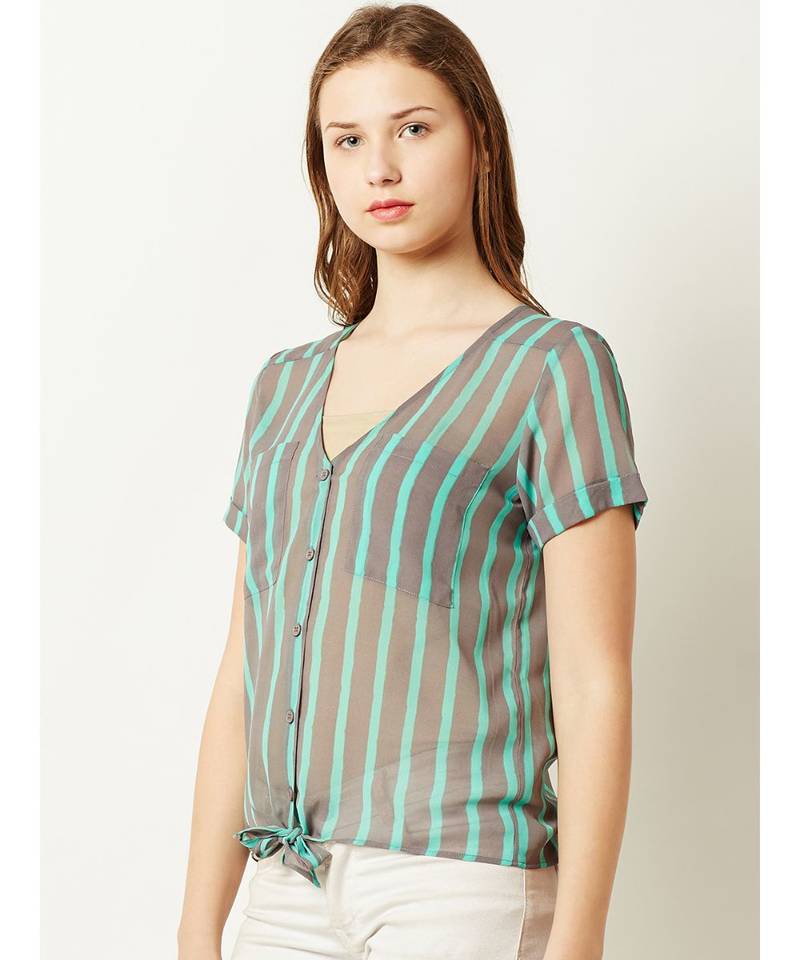 Women's Mint and Grey V Neck short_sleeve Buttoned Striped Tie-Up Top