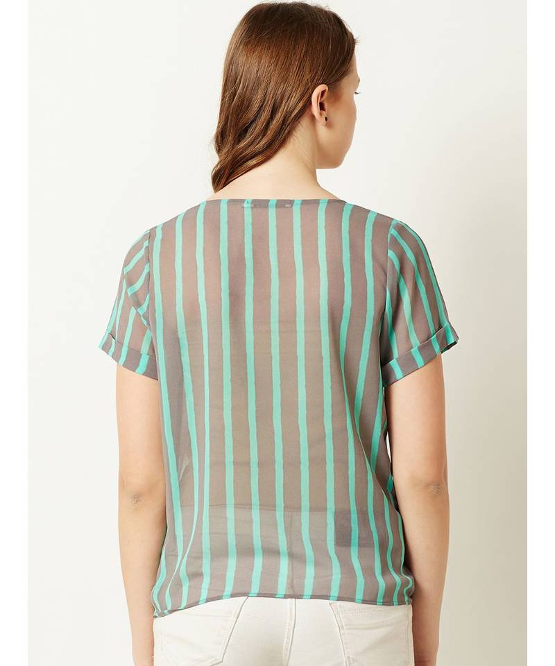 Women's Mint and Grey V Neck short_sleeve Buttoned Striped Tie-Up Top