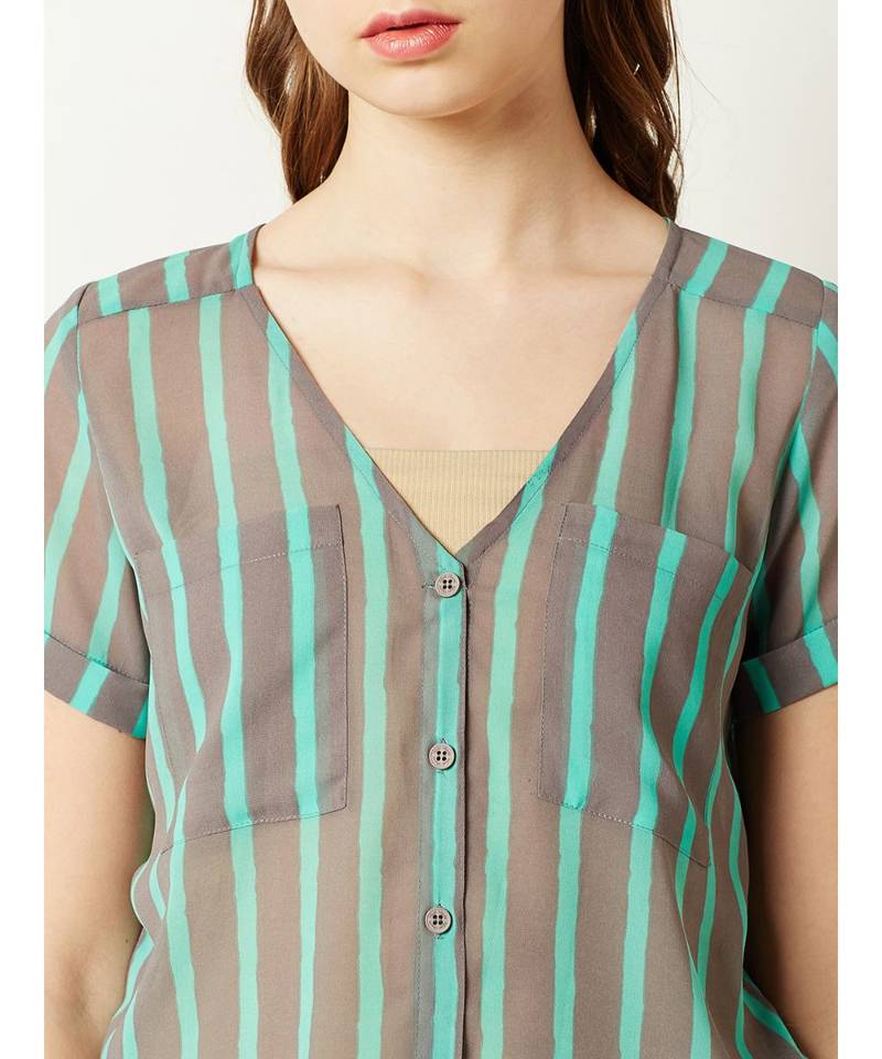 Women's Mint and Grey V Neck short_sleeve Buttoned Striped Tie-Up Top