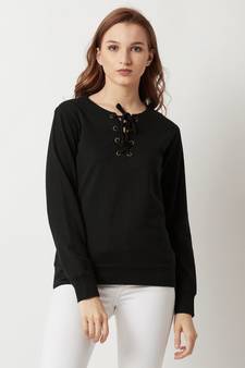 Women's Black Round Neck Solid Twill Tape full_sleeves Sweatshirt