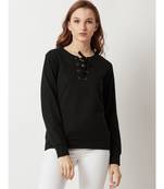 Women's Black Round Neck Solid Twill Tape full_sleeves Sweatshirt