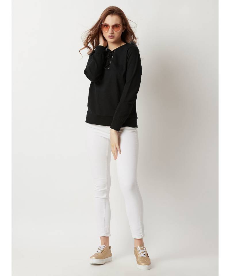 Women's Black Round Neck Solid Twill Tape full_sleeves Sweatshirt