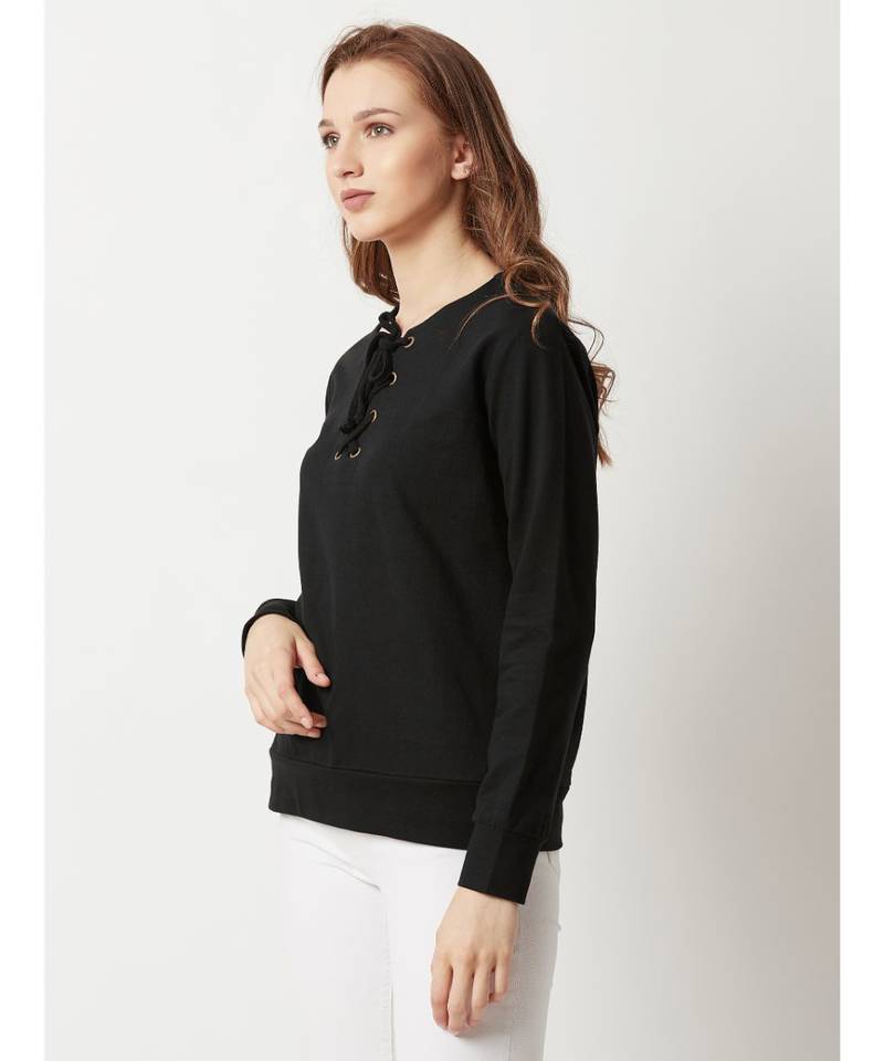 Women's Black Round Neck Solid Twill Tape full_sleeves Sweatshirt