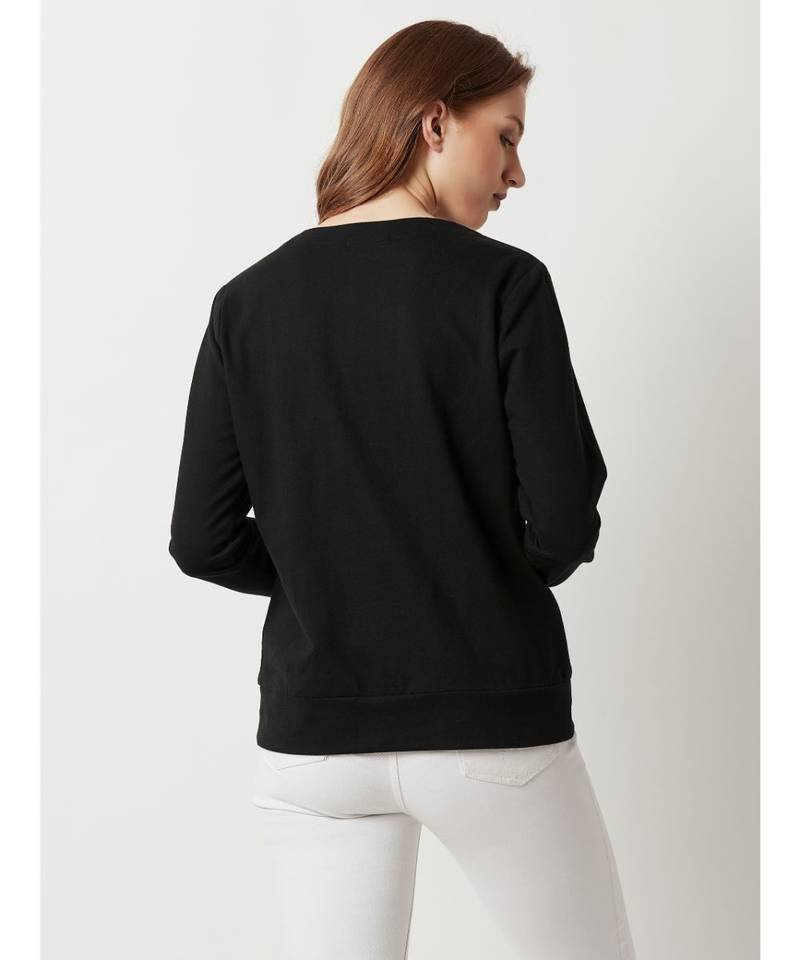 Women's Black Round Neck Solid Twill Tape full_sleeves Sweatshirt