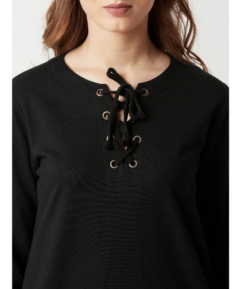 Women's Black Round Neck Solid Twill Tape full_sleeves Sweatshirt