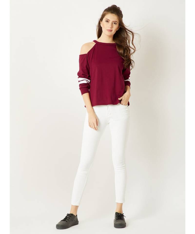 Women's Maroon Round Neck full_sleeves Cold Shoulder Sweatshirt