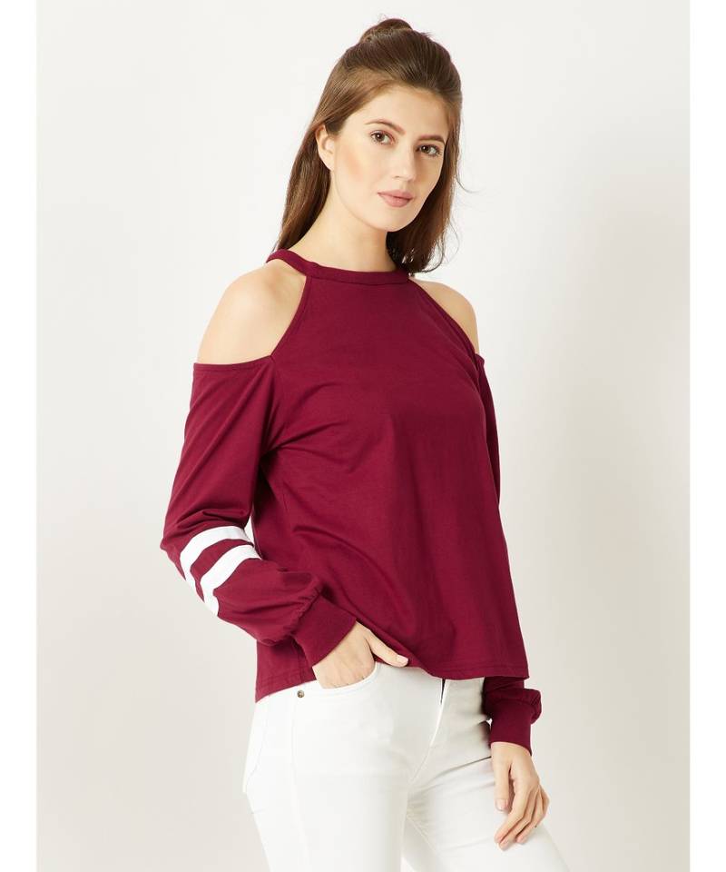 Women's Maroon Round Neck full_sleeves Cold Shoulder Sweatshirt