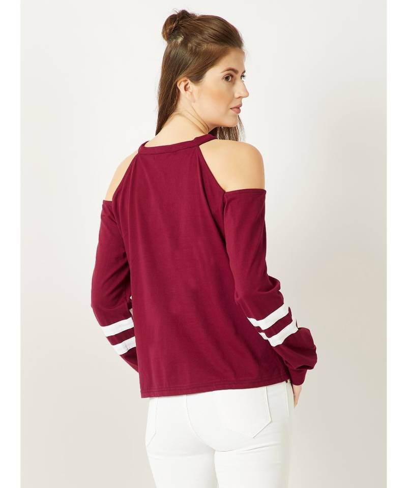 Women's Maroon Round Neck full_sleeves Cold Shoulder Sweatshirt