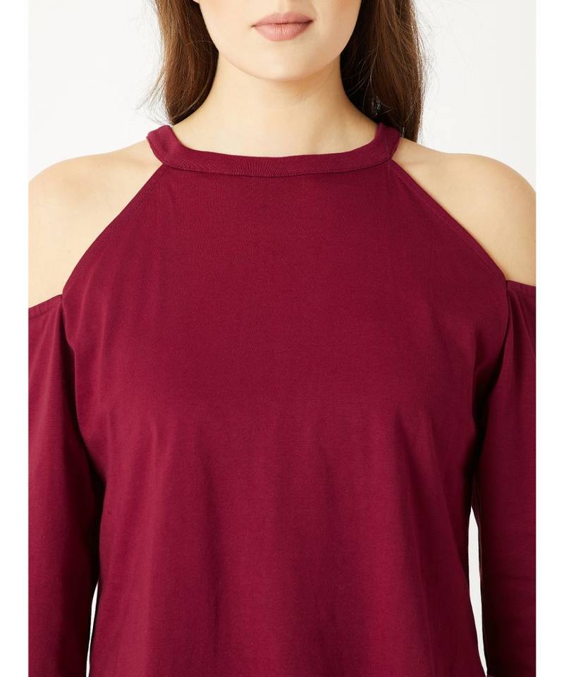 Women's Maroon Round Neck full_sleeves Cold Shoulder Sweatshirt