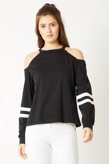 Women's Black Round Neck full_sleeves Cold Shoulder Sweatshirt