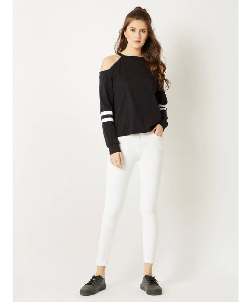 Women's Black Round Neck full_sleeves Cold Shoulder Sweatshirt