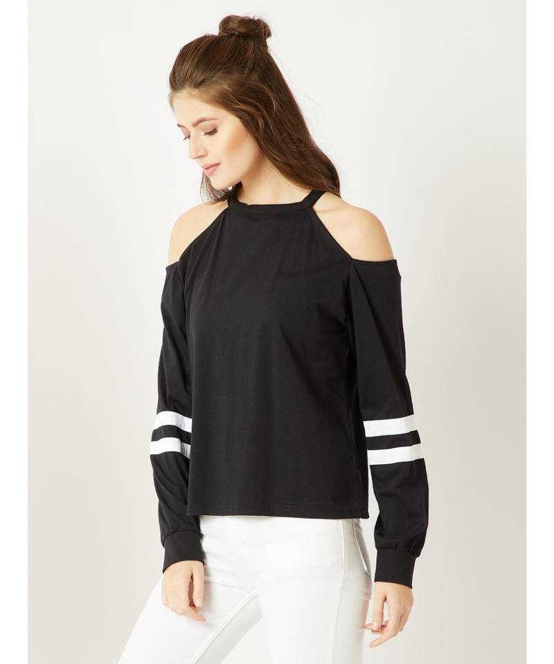 Women's Black Round Neck full_sleeves Cold Shoulder Sweatshirt