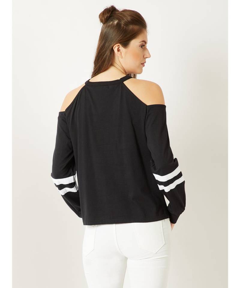 Women's Black Round Neck full_sleeves Cold Shoulder Sweatshirt