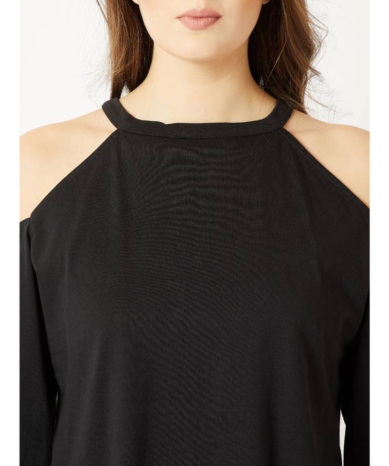 Women's Black Round Neck full_sleeves Cold Shoulder Sweatshirt