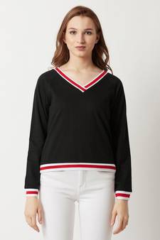 Women's Black V-Neck full_sleeve Cotton Solid Ribbed Boxy Sweatshirt