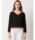 Women's Black V-Neck full_sleeve Cotton Solid Ribbed Boxy Sweatshirt