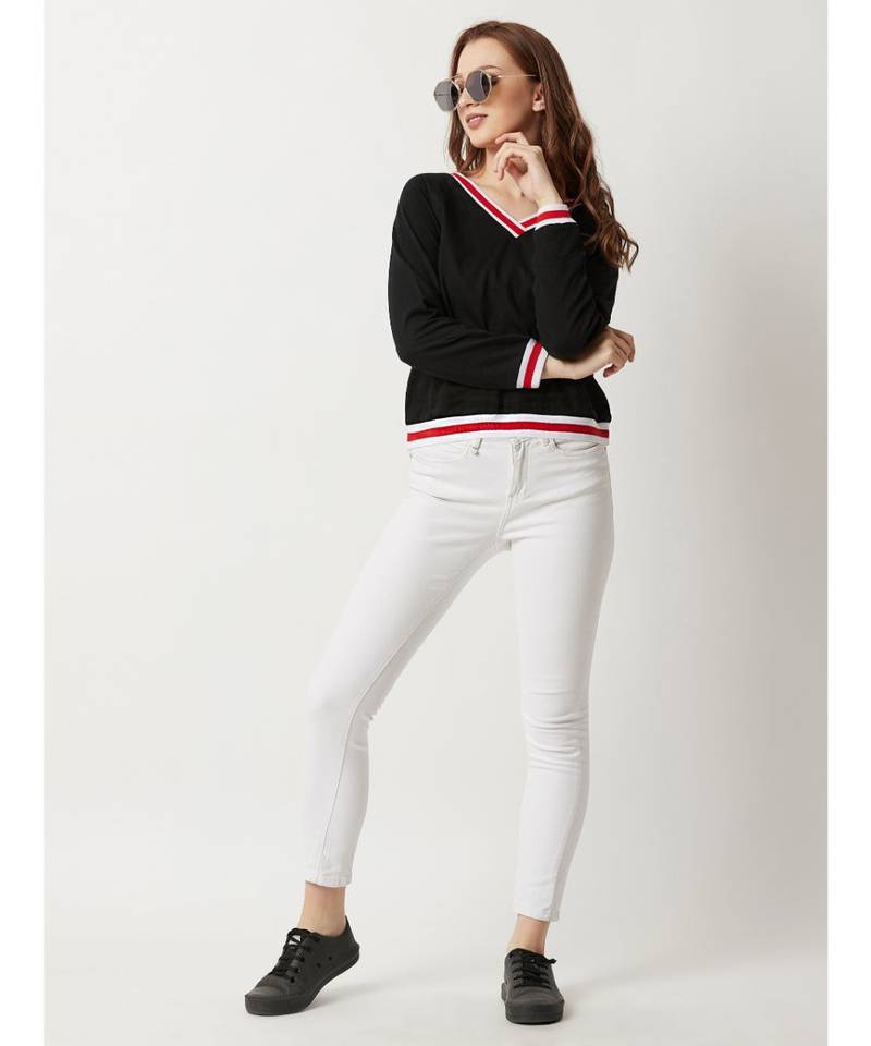 Women's Black V-Neck full_sleeve Cotton Solid Ribbed Boxy Sweatshirt