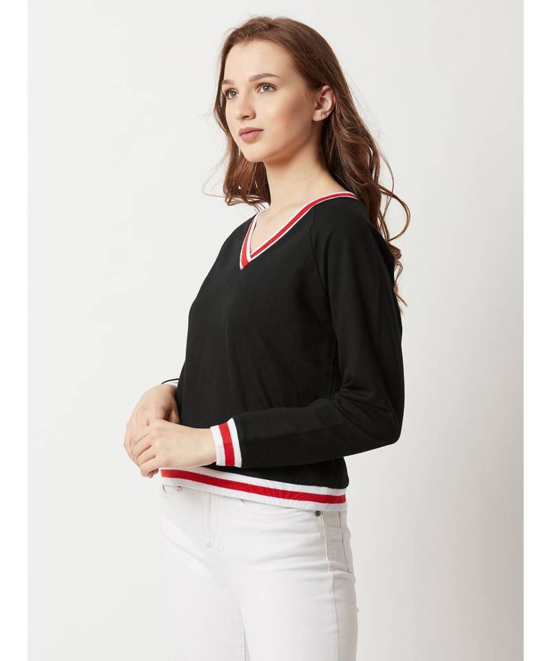 Women's Black V-Neck full_sleeve Cotton Solid Ribbed Boxy Sweatshirt