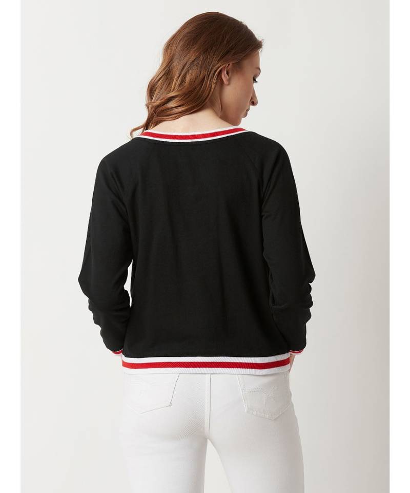 Women's Black V-Neck full_sleeve Cotton Solid Ribbed Boxy Sweatshirt