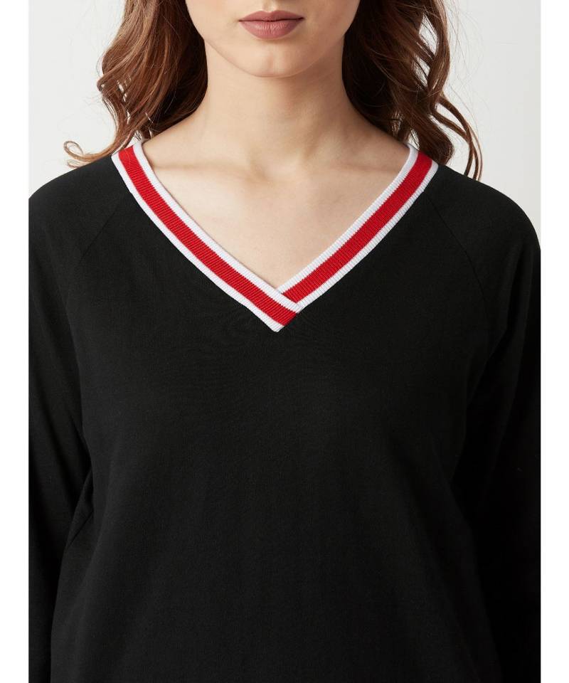 Women's Black V-Neck full_sleeve Cotton Solid Ribbed Boxy Sweatshirt