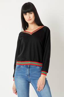 Women's Black V-Neck full_sleeve Cotton Solid Boxy Ribbed Sweatshirt
