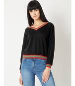 Women's Black V-Neck full_sleeve Cotton Solid Boxy Ribbed Sweatshirt