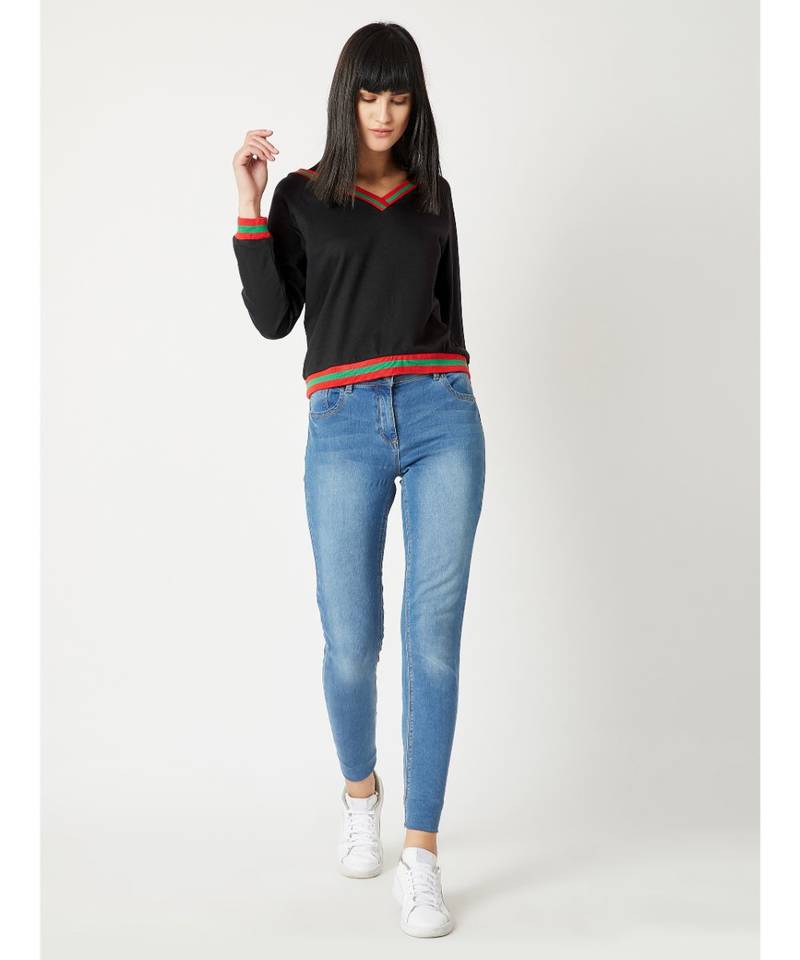 Women's Black V-Neck full_sleeve Cotton Solid Boxy Ribbed Sweatshirt