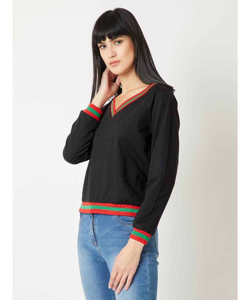 Women's Black V-Neck full_sleeve Cotton Solid Boxy Ribbed Sweatshirt