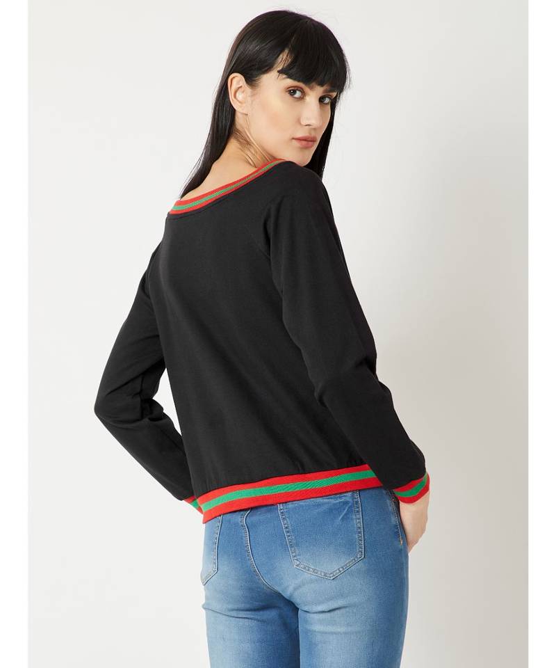 Women's Black V-Neck full_sleeve Cotton Solid Boxy Ribbed Sweatshirt